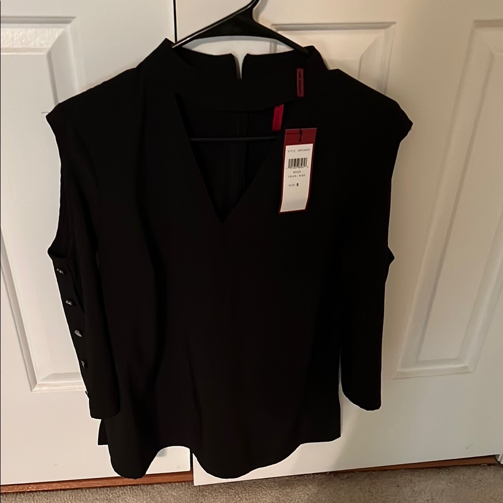 Black Mandarin Collar Blouse with Flowing Silhouette